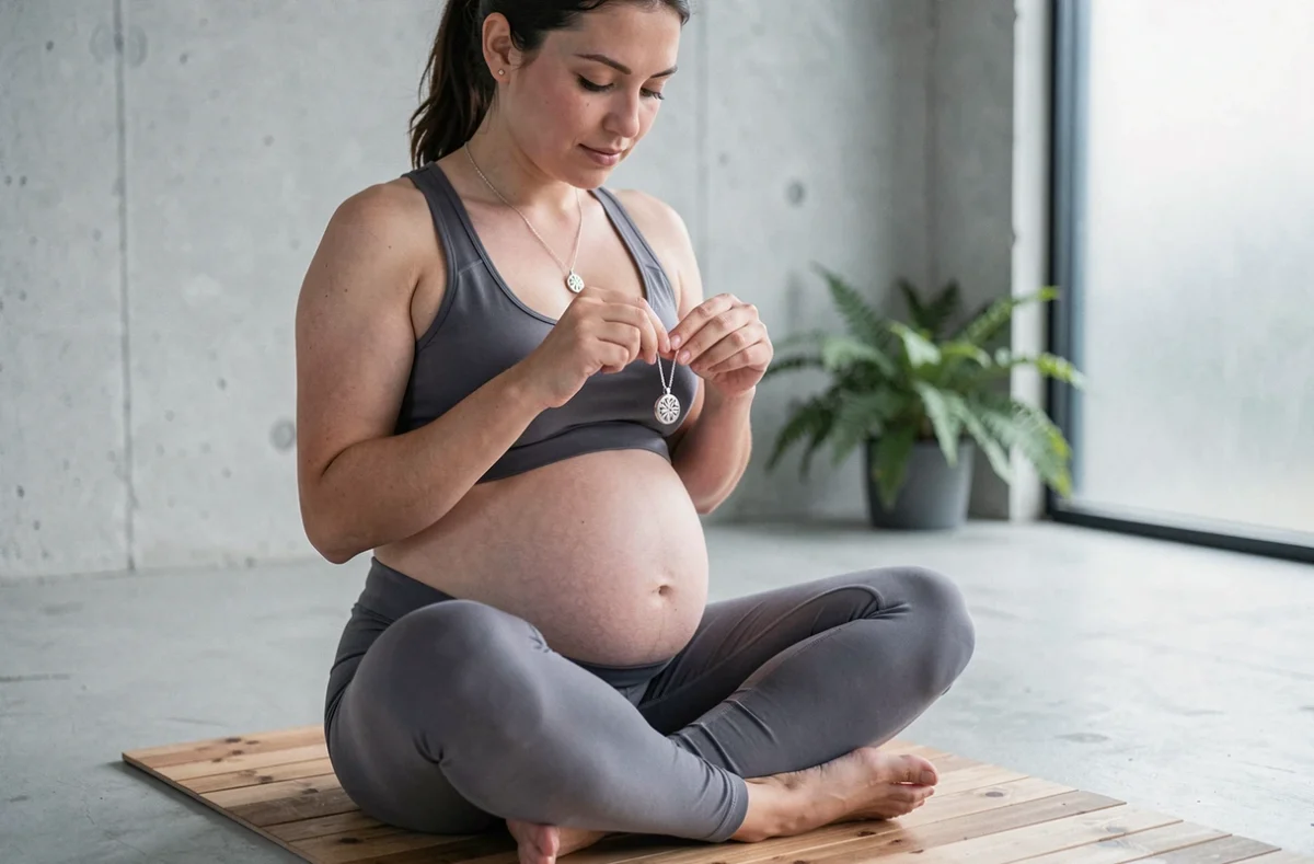 Femme enceinte en tenue de yoga tenant un bola de grossesse en argent gravé dans un studio minimaliste