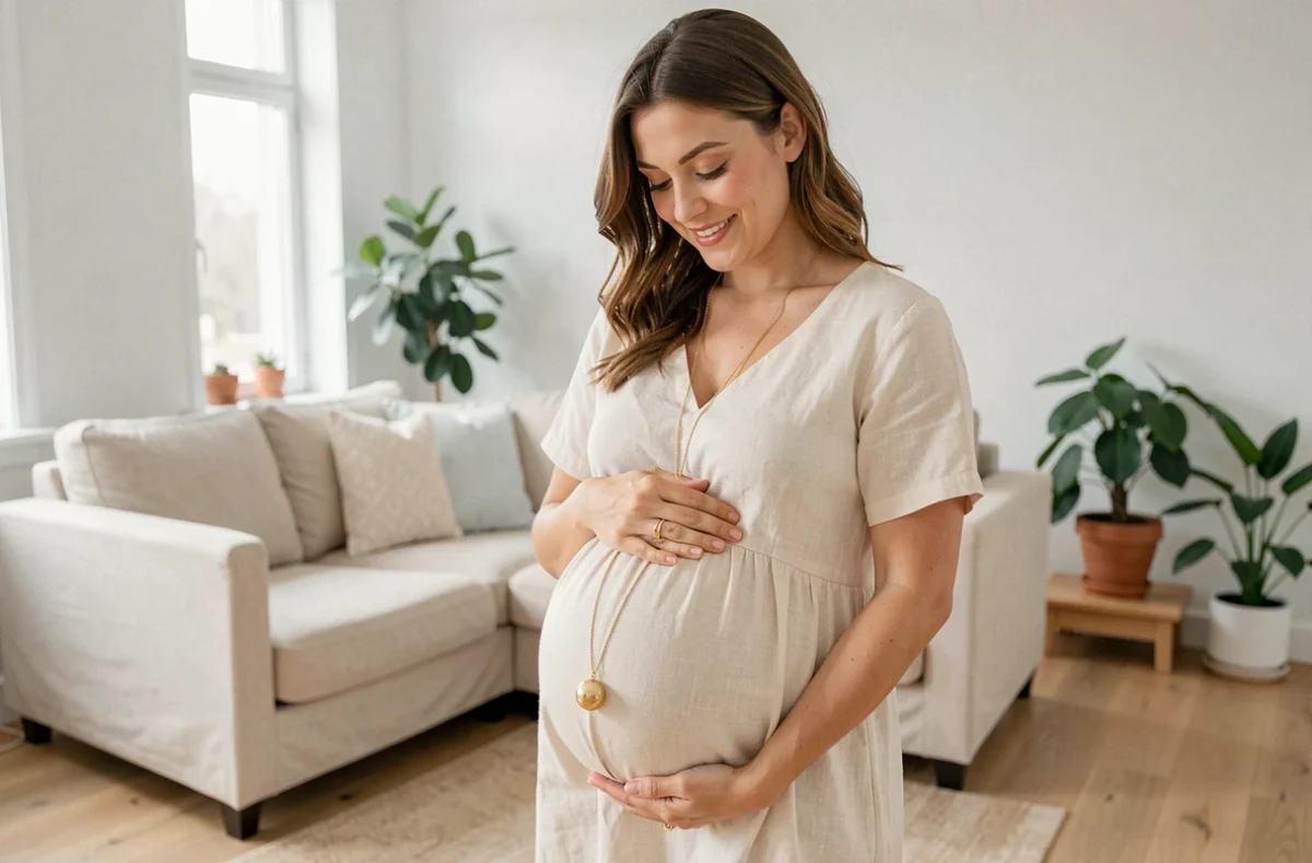 Femme enceinte portant un bola de grossesse doré sur sa robe en lin crème dans un salon scandinave lumineux