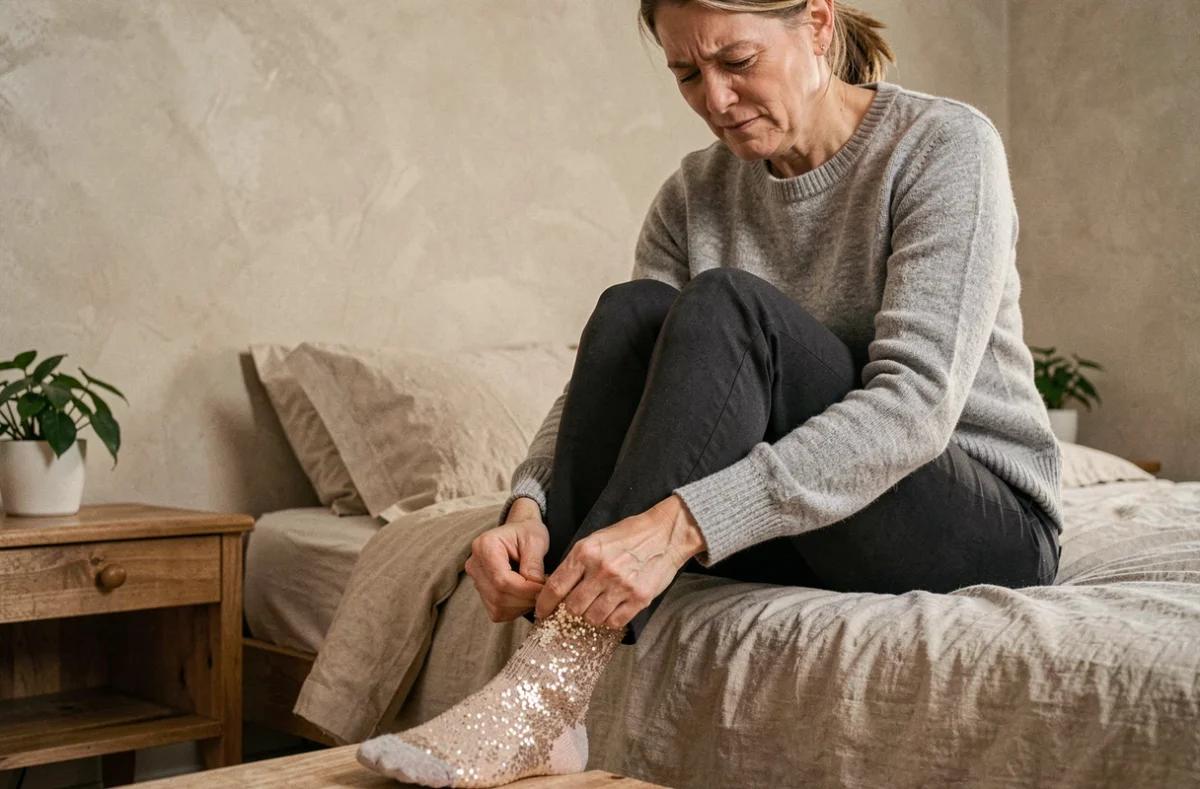 Femme enfilant une chaussette paillette et testant le confort du tissu contre sa peau