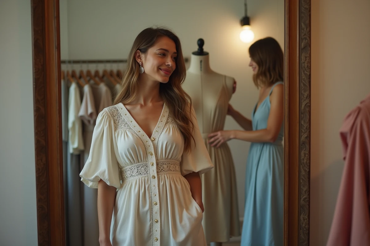 Jeune femme admirant sa robe vintage dans un dressing