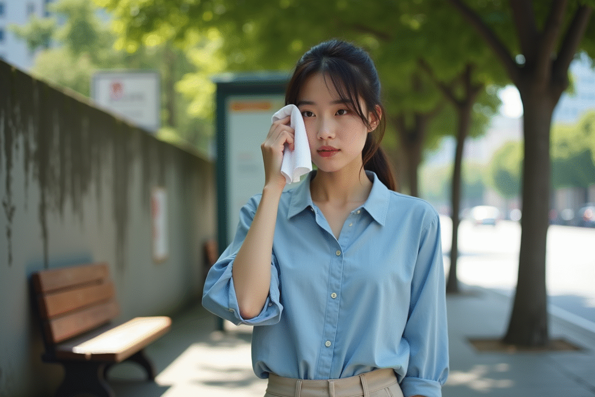 Jeune femme en été à un arrêt de bus urbain