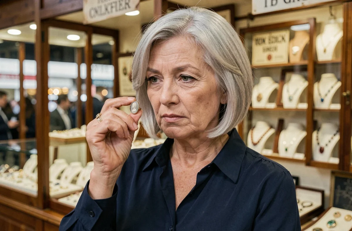 Femme examinant une bague en camée d'occasion dans un marché aux antiquités