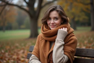Femme portant un grand foulard cheche en laine camel et rouille avec manteau d'hiver, assise dans un parc automnal, look cocooning chaleureux