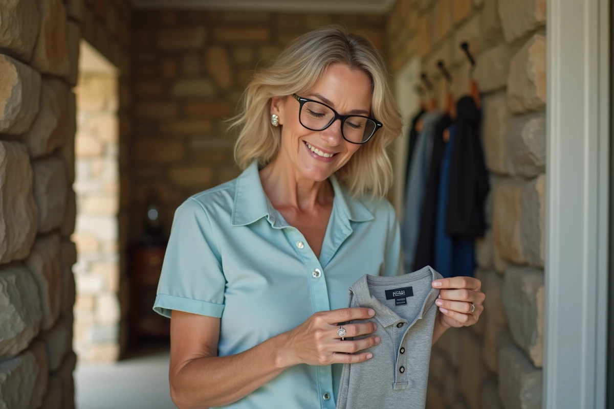Femme inspecte le petit logo sur un polo plié
