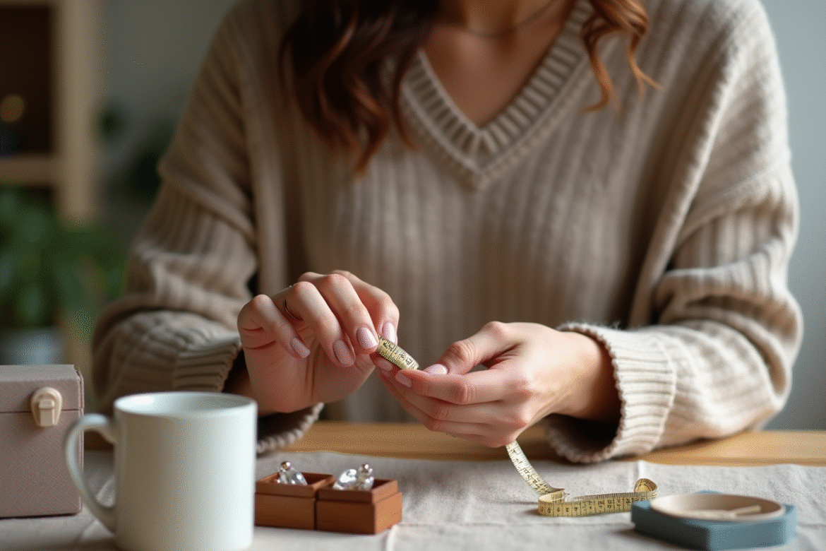 Femme mesurant la taille d'une bague avec un ruban