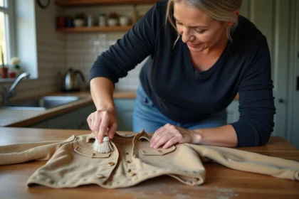 Femme nettoyant un manteau en suede beige avec une brosse