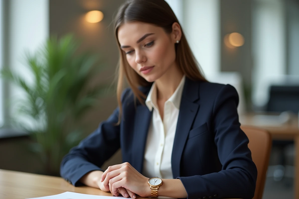 Femme élégante en blazer navy ajustant sa montre dorée