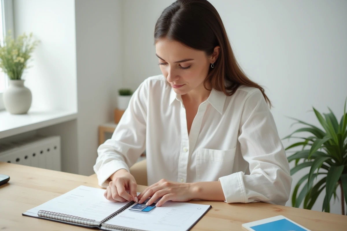 Jeune femme organisant ses cartes dans un porte-carte multi-slots sur un bureau minimaliste, combinant praticité et esthétique moderne