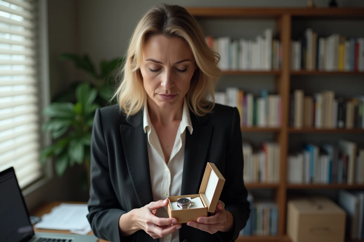 Femme découvrant une montre dans un bureau à domicile