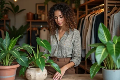 Femme arrangeant des plantes dans une boutique éclectique