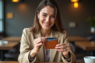 Femme élégante tenant un porte-carte en cuir slim dans un café moderne, illustrant style et praticité au quotidien