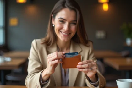 Femme élégante tenant un porte-carte en cuir slim dans un café moderne, illustrant style et praticité au quotidien