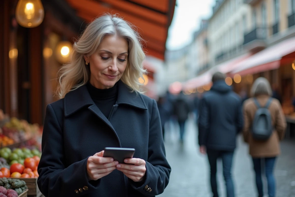 Femme examinant un porte-carte anti-RFID dans un marché en plein air, alliant sécurité et style automnal