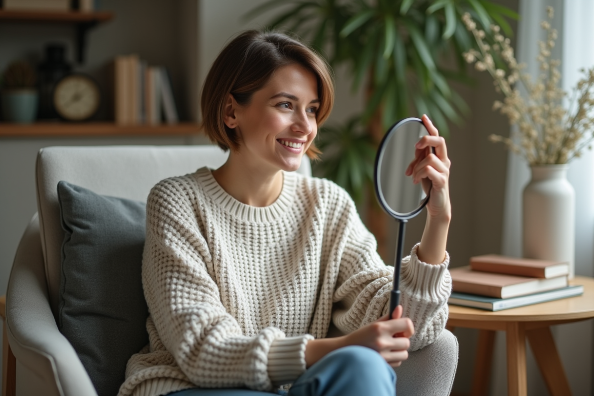 Femme regardant son reflet dans un miroir à la maison