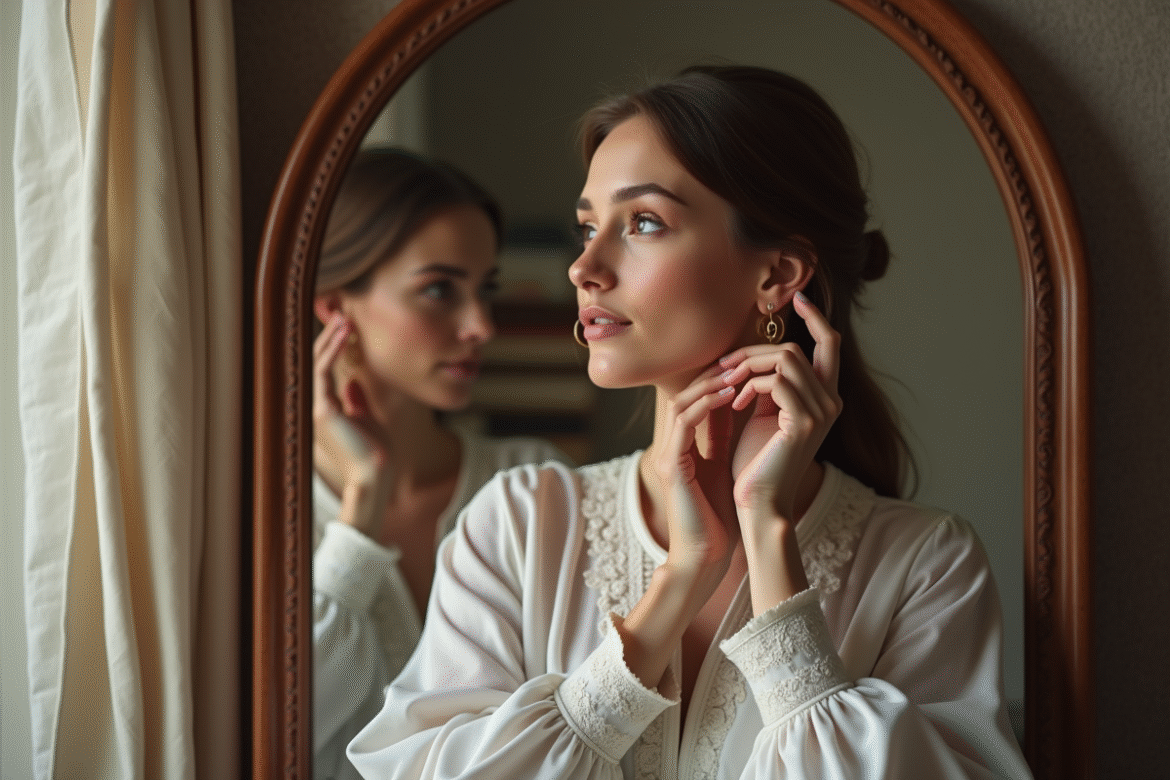 Femme élégante ajustant ses boucles d'oreilles en miroir vintage