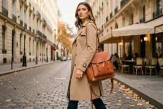 Femme élégante portant un sac à dos en cuir structuré avec hardware doré sur une rue pavée parisienne en automne