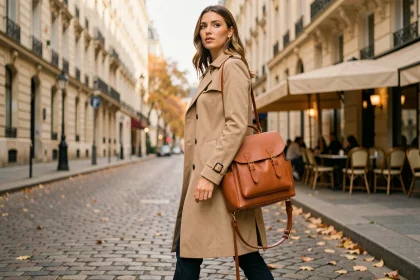 Femme élégante portant un sac à dos en cuir structuré avec hardware doré sur une rue pavée parisienne en automne