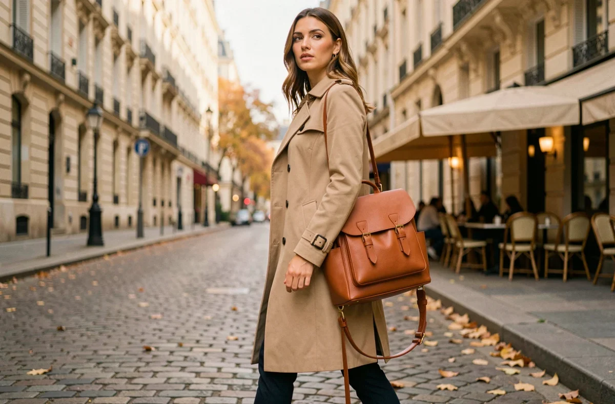 Femme élégante portant un sac à dos en cuir structuré avec hardware doré sur une rue pavée parisienne en automne