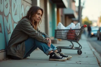 Femme sans-abri assise sur un trottoir urbain à côté d'un caddie, illustrant la précarité et la chute sociale