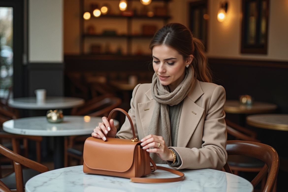 Femme élégante compare deux sacs à main de luxe dans un café parisien