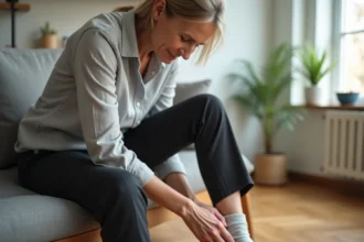 Femme d'âge mûr retirant sa chaussure et massant son pied dans un salon moderne en parquet chêne, illustrant le soulagement des douleurs aux pieds