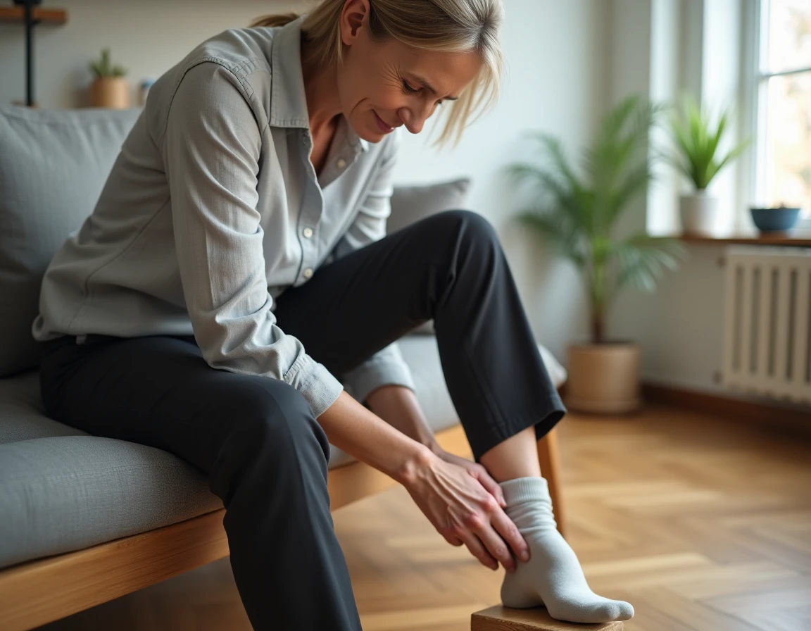 Femme d'âge mûr retirant sa chaussure et massant son pied dans un salon moderne en parquet chêne, illustrant le soulagement des douleurs aux pieds
