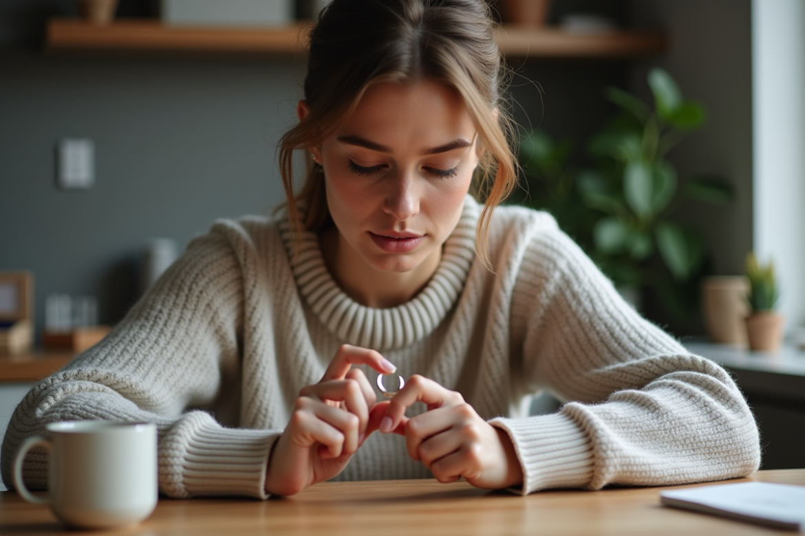 Femme examinant une bague en argent avec loupe dans la cuisine