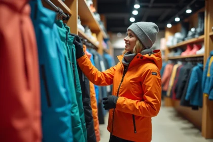 Femme examine pantalons de ski colorés en magasin