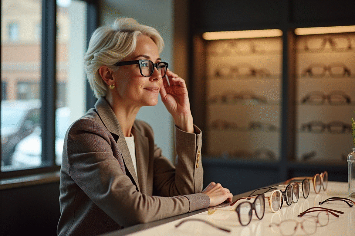 Femme d'âge moyen essaie des lunettes modernes dans un magasin lumineux