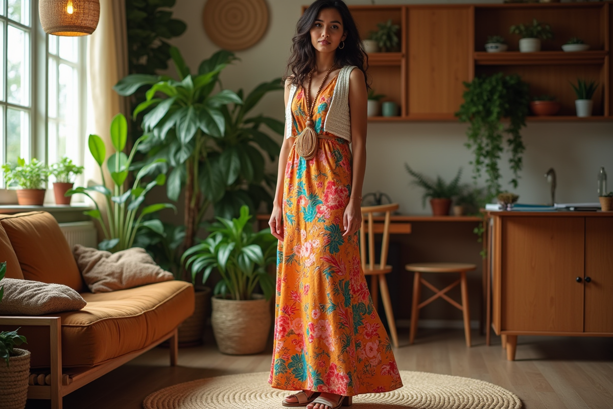 Femme en robe maxi vintage dans un salon rétro