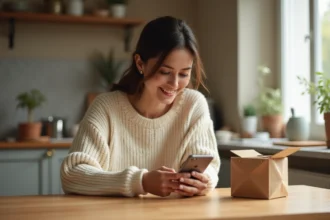 Jeune femme consultant l'application Vinted sur son smartphone avec un colis d'expédition posé sur une table en bois, illustrant les frais de port gratuits et les codes promo en 2026