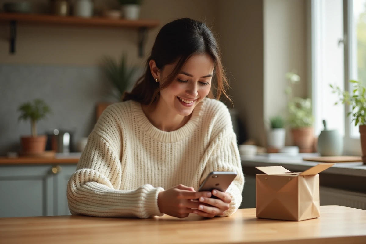 Jeune femme consultant l'application Vinted sur son smartphone avec un colis d'expédition posé sur une table en bois, illustrant les frais de port gratuits et les codes promo en 2026
