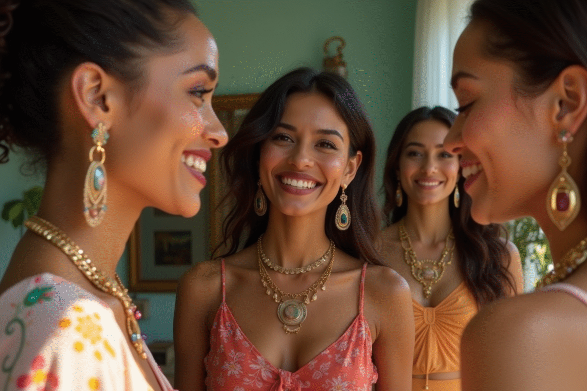 Groupe de femmes souriantes portant bijoux colorés devant un miroir