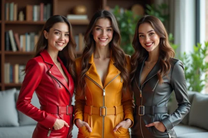 Trois jeunes femmes en costumes inspirés de Totally Spies dans un salon moderne