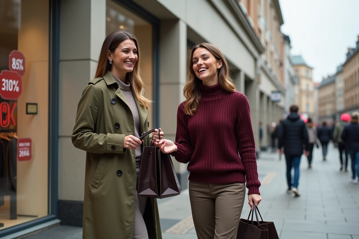 Deux femmes souriantes tenant des sacs d'achats devant un magasin outlet lors d'un grand déstockage