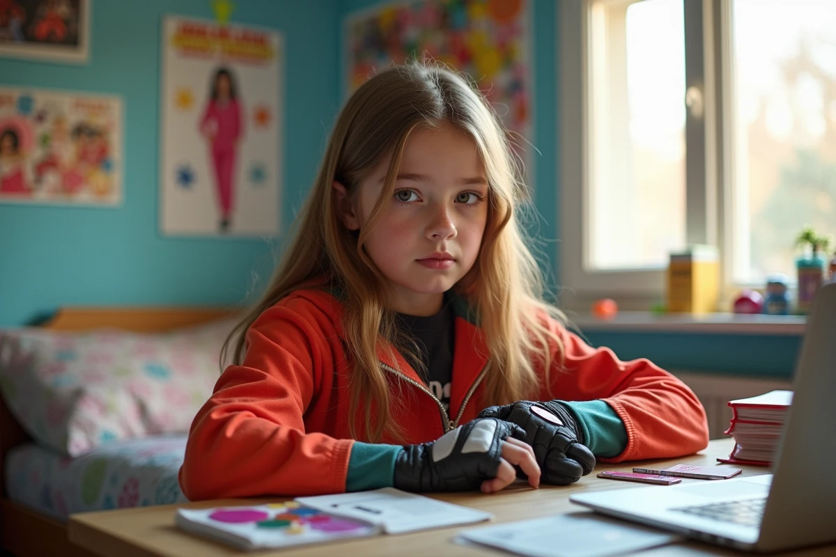 Adolescente en costume Totally Spies ajustant un gant hightech dans sa chambre