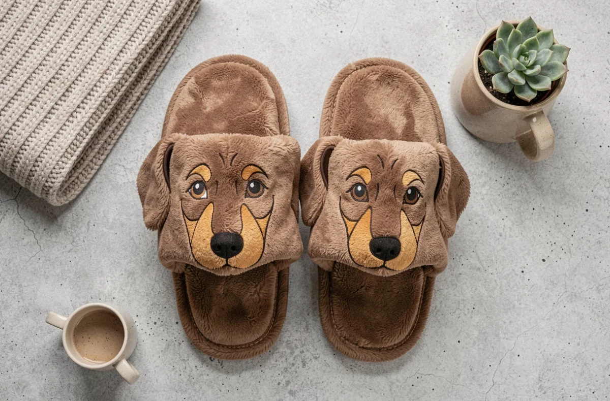 Flat lay de chaussons teckel grande taille vue de dessus sur fond béton gris avec accessoires cosy