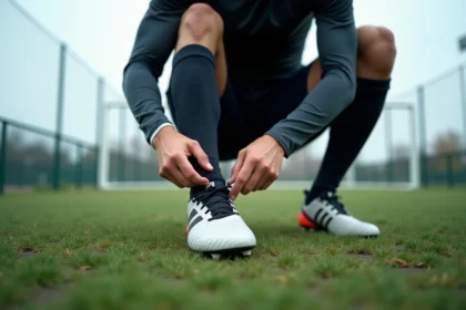 Footballeur ajustant ses chaussures Adidas à crampons sur un terrain de football en herbe naturelle