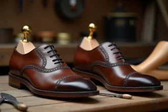 Comparaison entre un soulier en cuir soutenu par une forme à chaussures en hêtre et un autre affaissé sans support sur un établi d'atelier