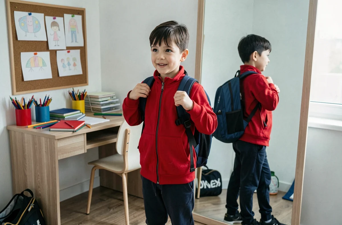Garçon préadolescent essayant un nouveau sac à dos dans sa chambre lors de la préparation de la rentrée scolaire