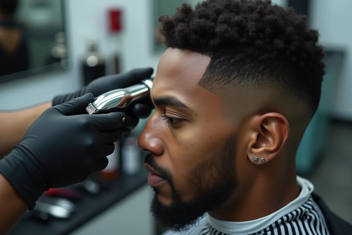 Gros plan sur la précision d'une coupe casquette réalisée avec une tondeuse professionnelle par un barbier