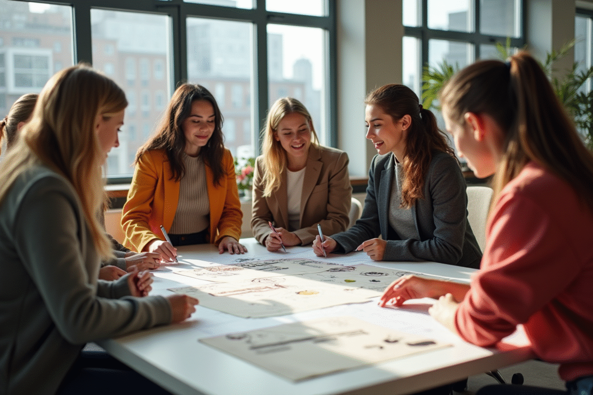 Groupe d'étudiants en mode dans une classe lumineuse