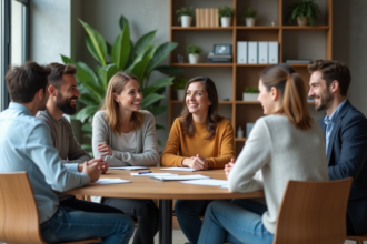 Groupe diversifié en réunion de travail en open space