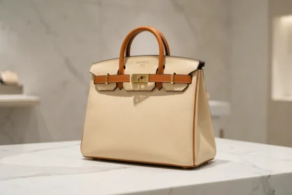 Sac Hermès Birkin 30 en cuir togo caramel posé sur marbre blanc, vue trois quarts avec détail du fermoir en métal doré