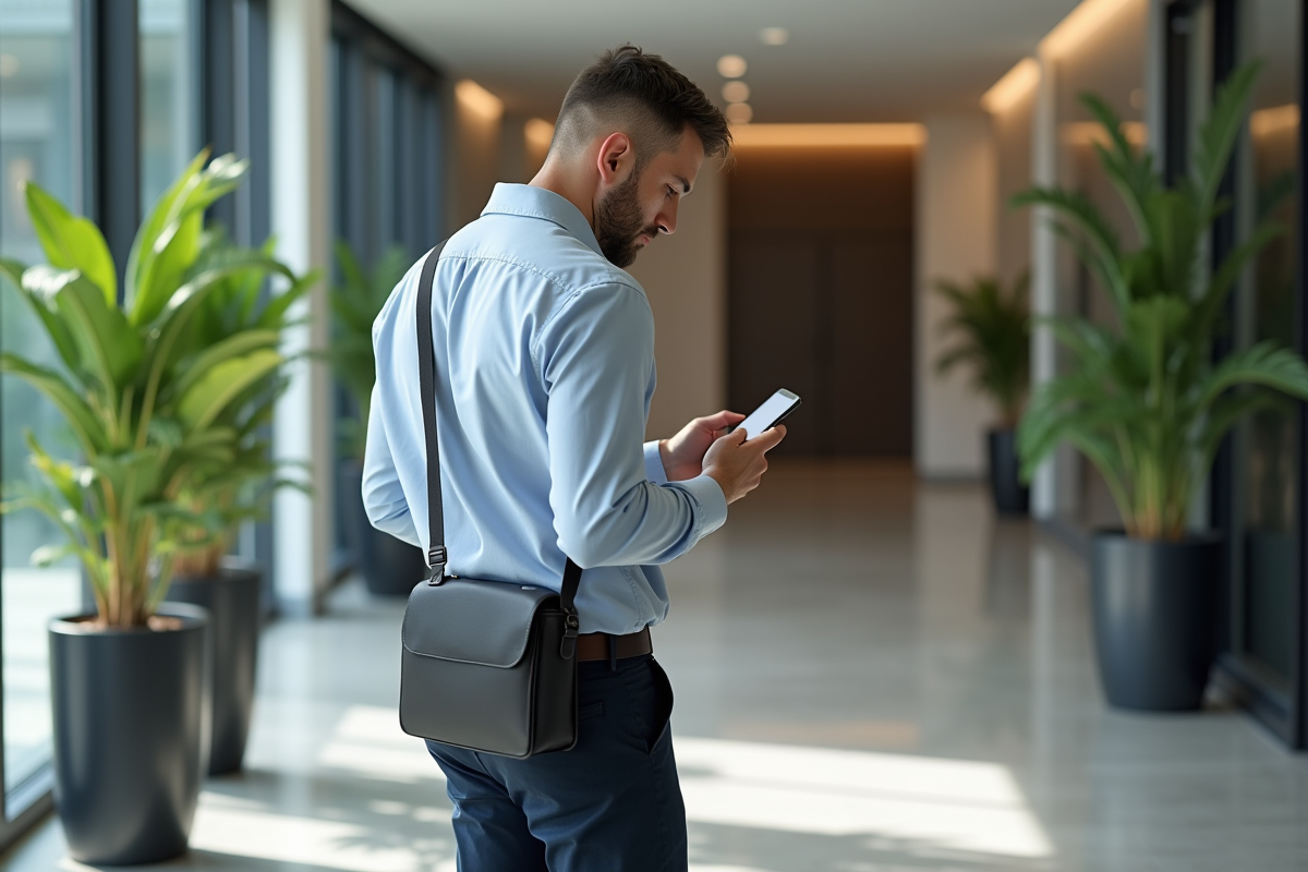 Homme d affaires avec sac en bureau moderne