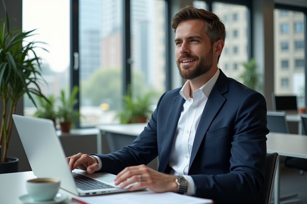 Homme d affaires travaillant sur son ordinateur dans un espace urbain