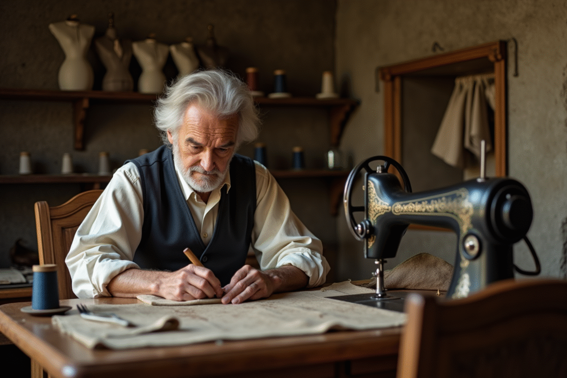 Homme age en costume 19eme siecle cousant un tissu