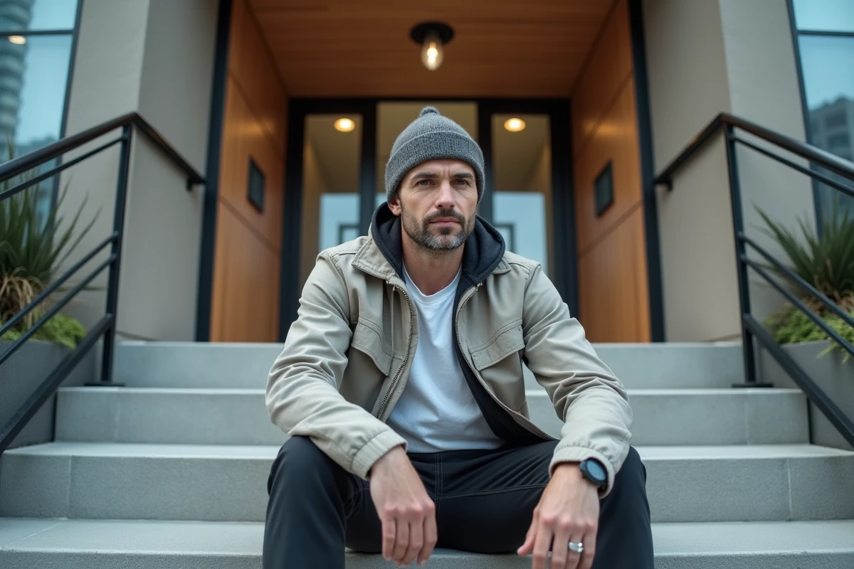 Homme en streetwear assis sur un escalier urbain