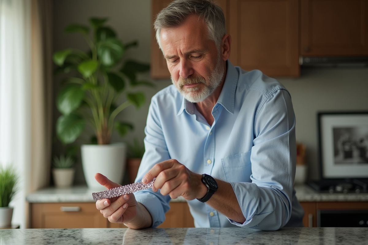 Homme tenant un bracelet en argent près d’un aimant dans le salon