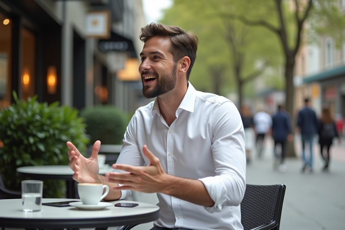 Homme en conversation dans un café urbain dynamique